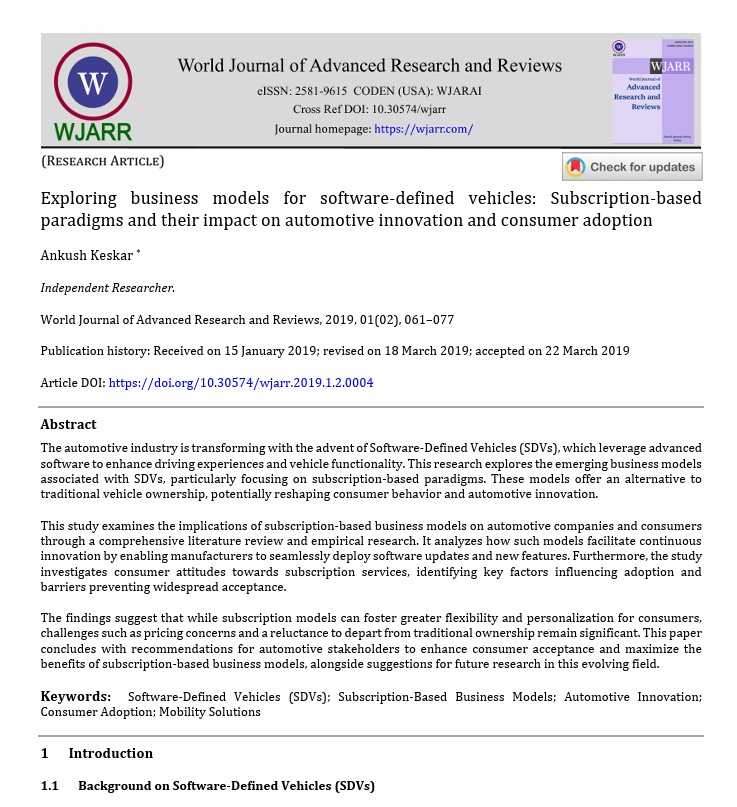 Article: Exploring business models for software-defined vehicles: Subscription-based paradigms and their impact on automotive innovation and consumer adoption