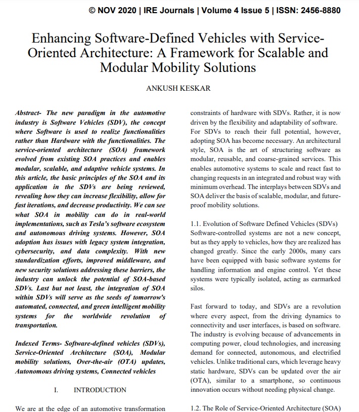 Article: Enhancing Software-Defined Vehicles with ServiceOriented Architecture: A Framework for Scalable and Modular Mobility Solutions