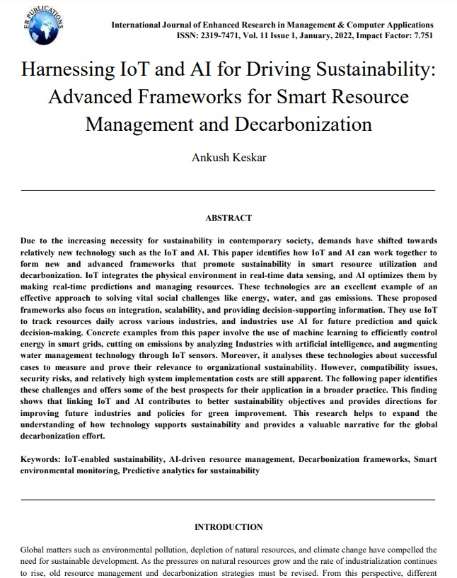 Article: Harnessing IoT and AI for Driving Sustainability: Advanced Frameworks for Smart Resource Management and Decarbonization